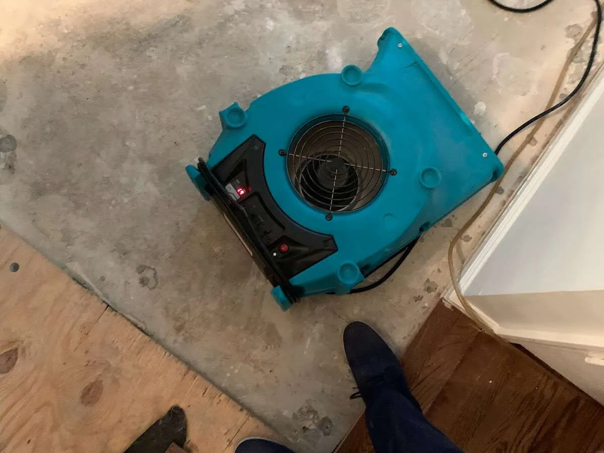 Air mover drying subfloor during Commercial Water Damage Restoration in Bushkill